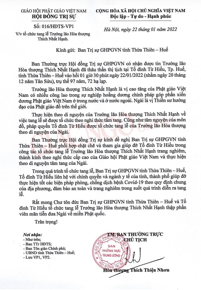 Trung ương GHPGVN có công văn về việc tổ chức lễ tang Thiền sư Thích Nhất Hạnh ảnh 3