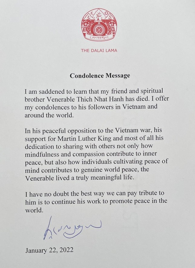 Đức Dalai Lama gửi điện phân ưu về sự viên tịch của Thiền sư Thích Nhất Hạnh ảnh 1