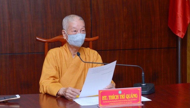 Trưởng lão Hòa thượng Thích Trí Quảng chủ trì buổi họp của Ban Thường trực Ban Trị sự Phật giáo TP.HCM sáng 28-10-2021 tại Việt Nam Quốc Tự
